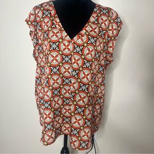 Daniel‎ Rainn Women’s orange/blk/grn geometric print sleeveless v-neck blouse